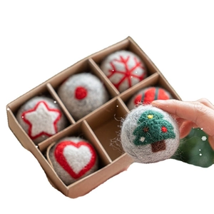 Handmade wool felt Christmas tree ornaments set with 6 grey red and green festive balls