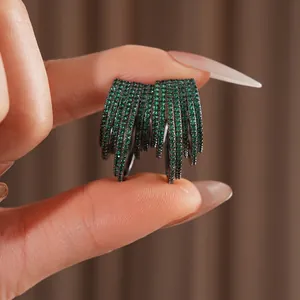 Sparkling multi-layer green zircon C-shaped earrings with luxurious black metal plating