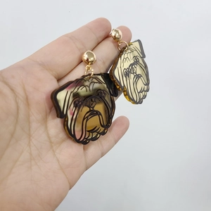 Golden mirror acrylic French Bulldog drop earrings with stylish black line detailing