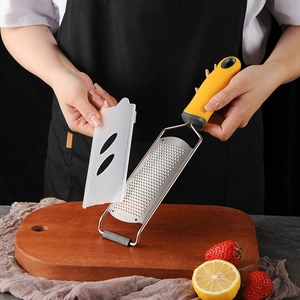 Handheld stainless steel cheese grater with protective cover and ergonomic handle