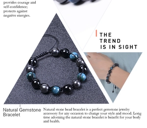 Detail von 10mm Blauem Tigerauge und Hämatit in einem handgewebten verstellbaren Armband