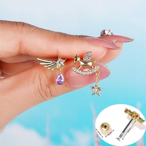 Stainless steel angel wing and rocking horse ear studs with purple zircon drop detail