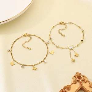 Double-layer 18K gold plated stainless steel anklet with shell butterflies and crystals