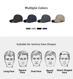 Baseball cap color options and diagrams showing fit for various male face shapes