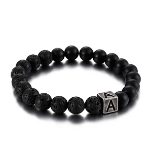 Beaded Bracelet Men Lava Stone Matte Agate Vintage Stainless Steel Initial Letter Charm Retro Elastic Yoga Accessory