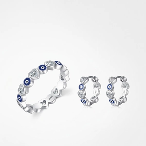 925 Sterling Silver Jewelry Women Heart Zircon Blue Enamel Evil Eye Ring And Hoop Earrings Fashion Bohemian Style
