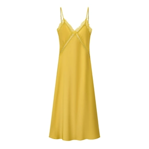 Elegant yellow satin midi dress with lace trim at V-neck and waist on white background