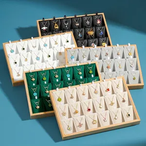 Bamboo Wood Jewelry Display Tray Necklace Pendant Organizer Velvet Liner Dustproof Cover Multi Grid Elegant Showcase