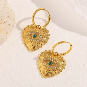 18K gold plated stainless steel heart earrings with green malachite and evil eye detail