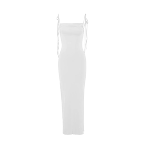 Detail view of white ruched backless maxi dress with adjustable tie straps