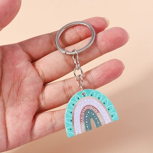 Detail of colorful acrylic rainbow keychain with white polka dots and silver ring