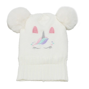 Cappello invernale in maglia a unicorno bianco per bambine con pompon e fodera calda