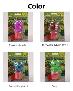 Stress relief slime toys set featuring purple, brown, blue, and green monster characters
