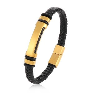 Braided black leather bracelet with a polished gold-plated metal plate for men and women