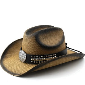 Western Cowboyhut Strohgeflecht Punk Stil Nieten Ledergürtel Strass Breite Krempe Sonnenschutz Für Herren Damen