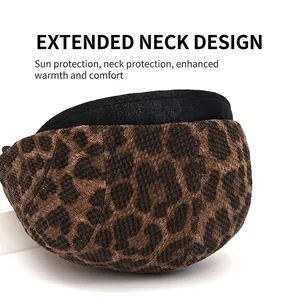 Vintage leopard print ivy cap with neck flap for sun protection and winter warmth