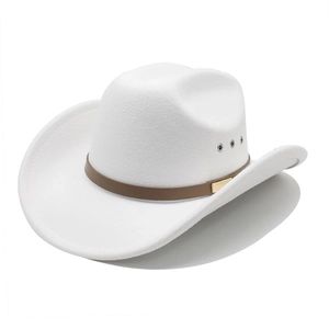 Classic white felt cowboy hat with brown leather band and wide brim for outdoor style
