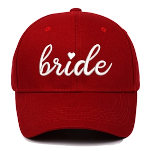 Dark red bridal baseball cap with white bride embroidery and heart on white background