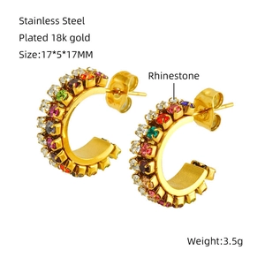 Detailed specs for C-shaped stainless steel earrings with 18k gold plating and rhinestones