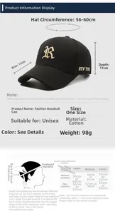 Detailed size chart for cotton baseball cap showing 56-60cm head circumference and dimensions