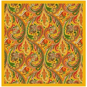 Flat lay of a bohemian silk-like square scarf featuring vibrant paisley floral patterns