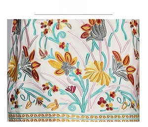 Detailed close-up of intricate floral embroidery on elegant white dress fabric