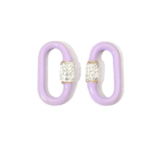 Detail of lavender enamel hoop earrings with gold-plated links and sparkling crystals