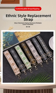 Close-up of ethnic style woven bag straps with gold metal hooks and geometric patterns
