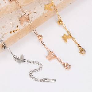 Minimalist stainless steel butterfly bead bracelets in gold, rose gold and silver finishes
