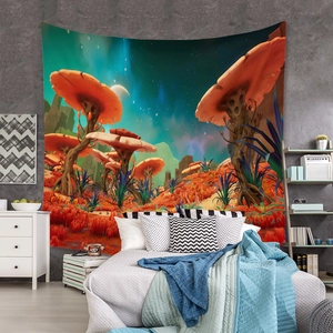 Detailed view of bohemian mushroom tapestry in a modern bedroom setting with stars