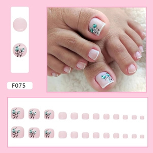 Minimalist French style pink press-on toe nails with floral art and 24 pieces set