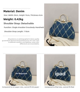 Detail view of denim shell bag specs: 29x19x8cm size and removable strap design