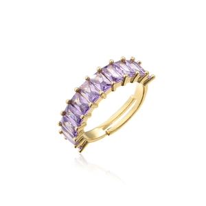 Detail of gold-plated open ring featuring a purple rectangular zircon and pavé setting