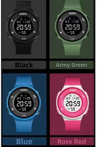 Detail showing 5ATM waterproof digital sports watch in black green blue and rose pink