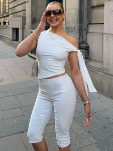 Damen Ein Schulter Asymmetrisches Oberteil Und Eng Anliegende Hose Mit Hohem Bund Streetwear Lässig Mode Sexy Polyester