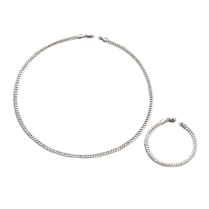 Men's silver stainless steel necklace and bracelet set with flat herringbone chain links
