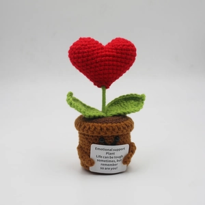 Handmade emotional support crochet plant with encouraging message card and red heart flower