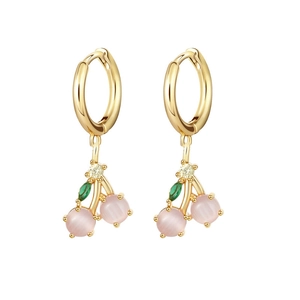 Elegant gold cherry earrings featuring pink cat eye stones and green leaf accents