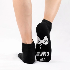 Cotton gaming socks in black featuring white game controller pattern and I'M GAMING text