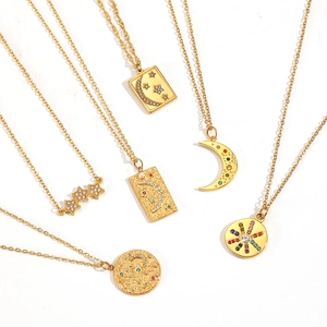Celestial stainless steel necklaces with gold stars, moon pendants and colorful rhinestones