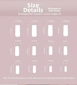 Größentabelle für Press-on-Nägel mit 12 Maßen langer quadratischer rosa Kunstnägel