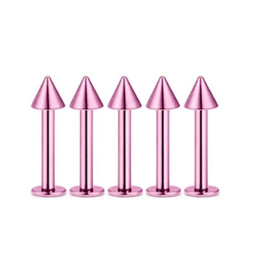 Set mit fünf hellrosa Labret-Steckern aus Edelstahl mit spitzen Kegelspitzen