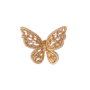 Luxury butterfly open ring with pink zircon and gold finish on white background