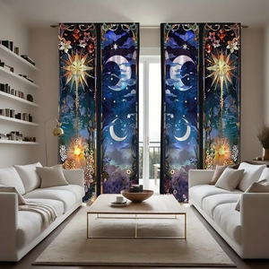 Detail of four-piece set polyester curtains with colorful sun and moon stained glass patterns