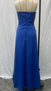 Detail of royal blue strapless jumpsuit with high waist and back zipper closure