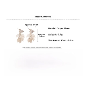 Detailed specs of leaf tassel earrings with copper and zircon material dimensions