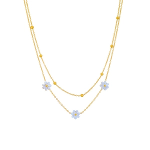 Élégant collier double épaisseur doré avec des pendentifs en fleurs de marguerites bleues