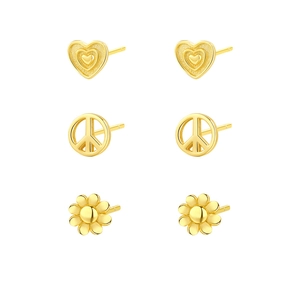 Set di tre paia di orecchini S925 in argento con cuore, segno di pace e fiori dorati