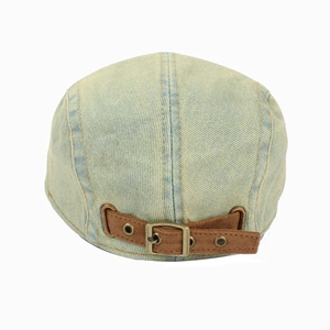 Retro washed denim duckbill cap with adjustable brown strap and metal buckle detail
