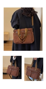 Brown corduroy tote bag showing multiple carrying styles and large capacity functional pockets